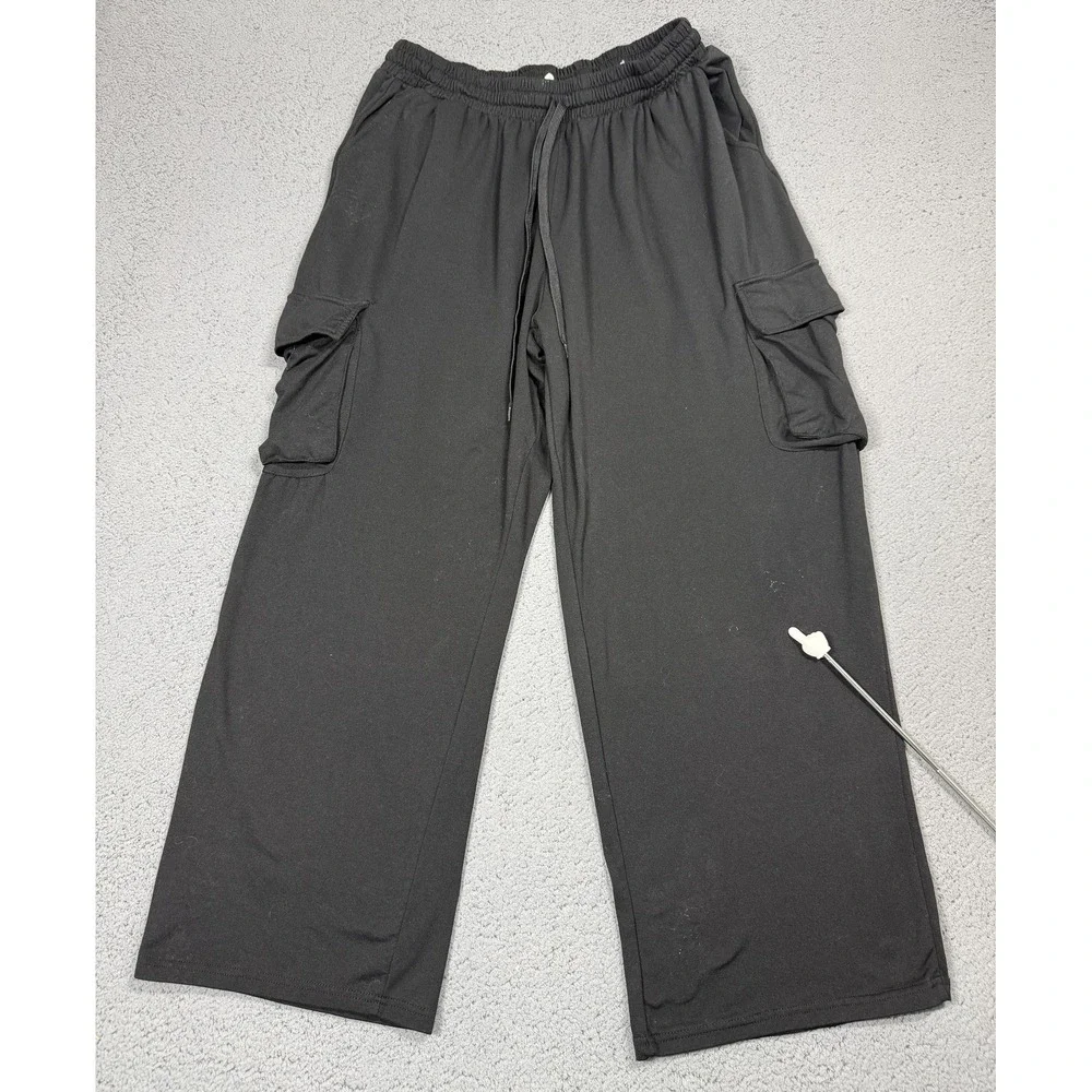 Free People Pants Womens 2X Black Cargo Wide Leg Elastic Waist Stretch Jersey